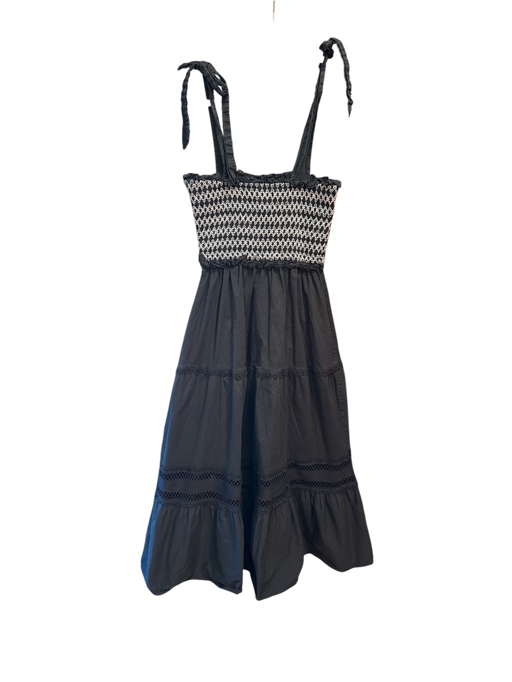 Black Smocked Midi Dress with White Crochet Bust